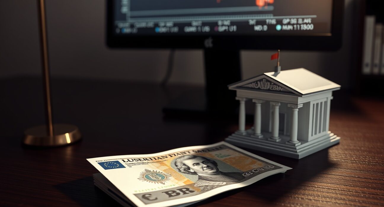 Sterling Today: Pound banknote with ECB model and falling GBP/USD chart reflecting eurozone PMI contraction impact