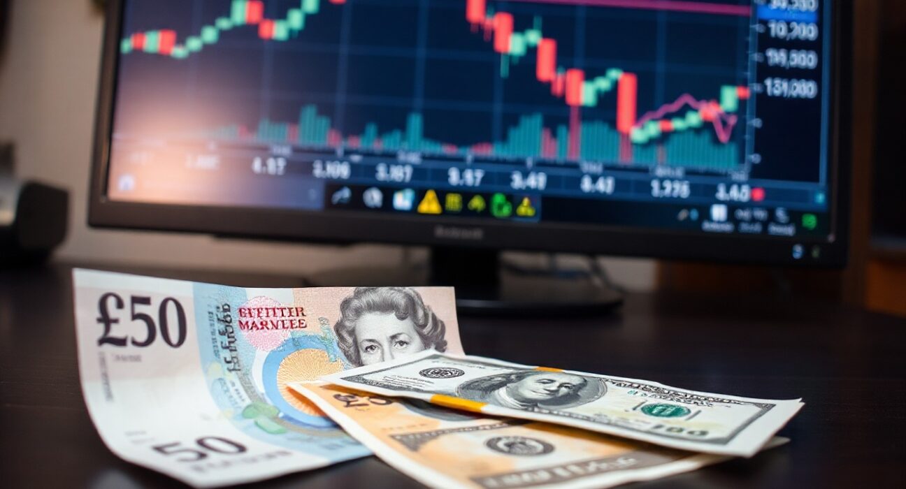 British Pound and US Dollar banknotes on a desk with a financial chart in the background