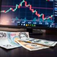British Pound and US Dollar banknotes on a desk with a financial chart in the background