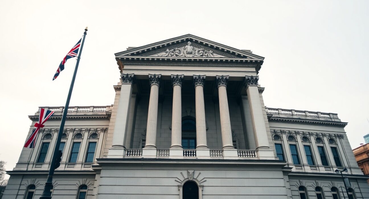 Bank of England building in London on an overcast day, representing Sterling today and the BoE's active hold policy with hawkish risks.
