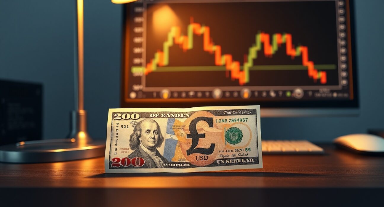 Sterling today: British Pound and US Dollar banknotes on desk with GBP/USD chart in background, illustrating subdued pound and hawkish dollar outlook.