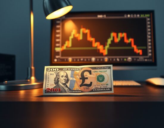 Sterling today: British Pound and US Dollar banknotes on desk with GBP/USD chart in background, illustrating subdued pound and hawkish dollar outlook.