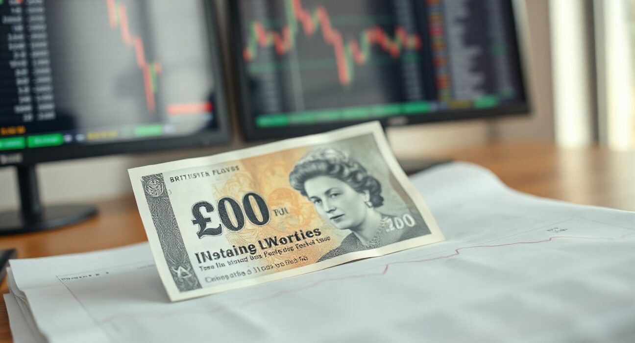 British pound note on financial chart with negative trend, representing sterling weakness after weak UK PMI data.