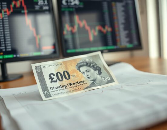British pound note on financial chart with negative trend, representing sterling weakness after weak UK PMI data.