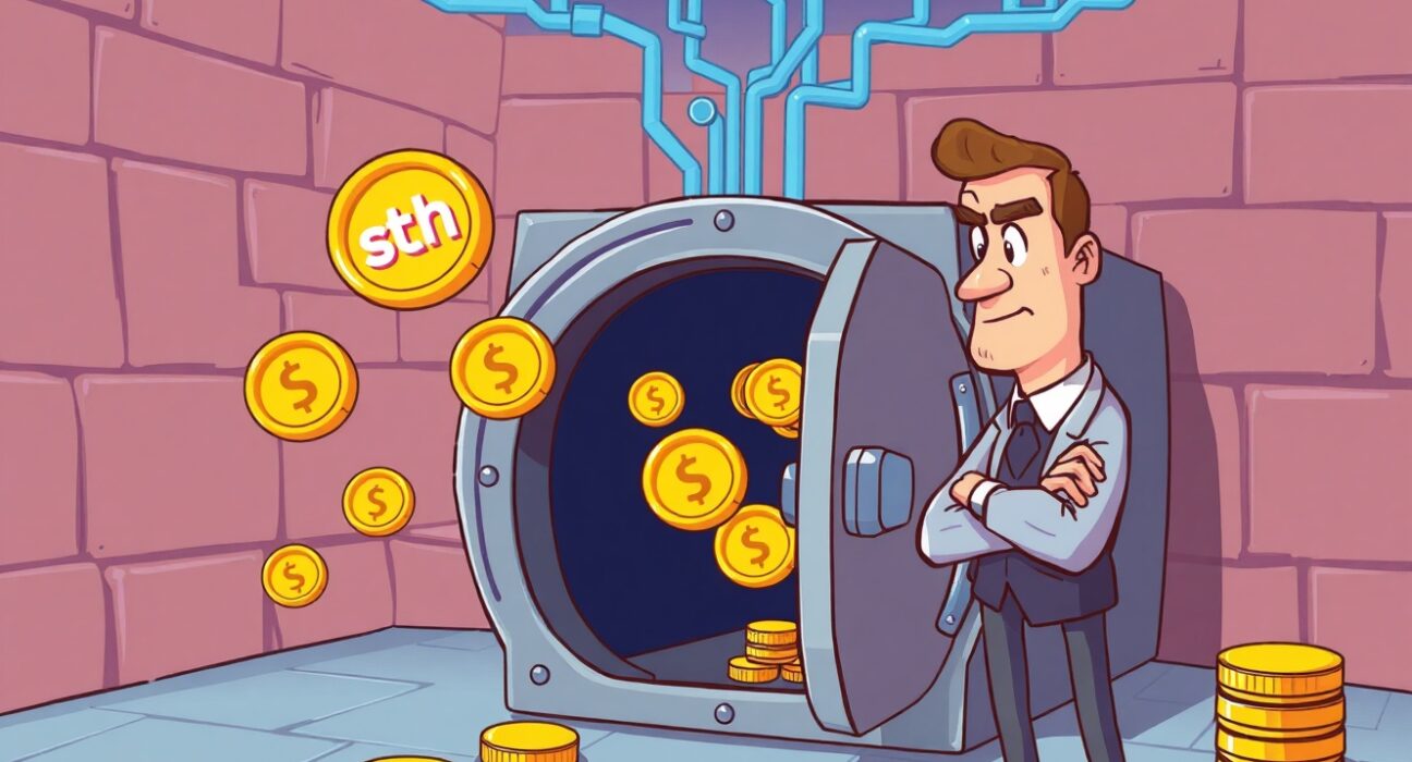 Cartoon illustration of secure institutional stETH staking and custody services, highlighting trust in digital asset management.