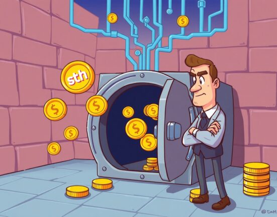 Cartoon illustration of secure institutional stETH staking and custody services, highlighting trust in digital asset management.