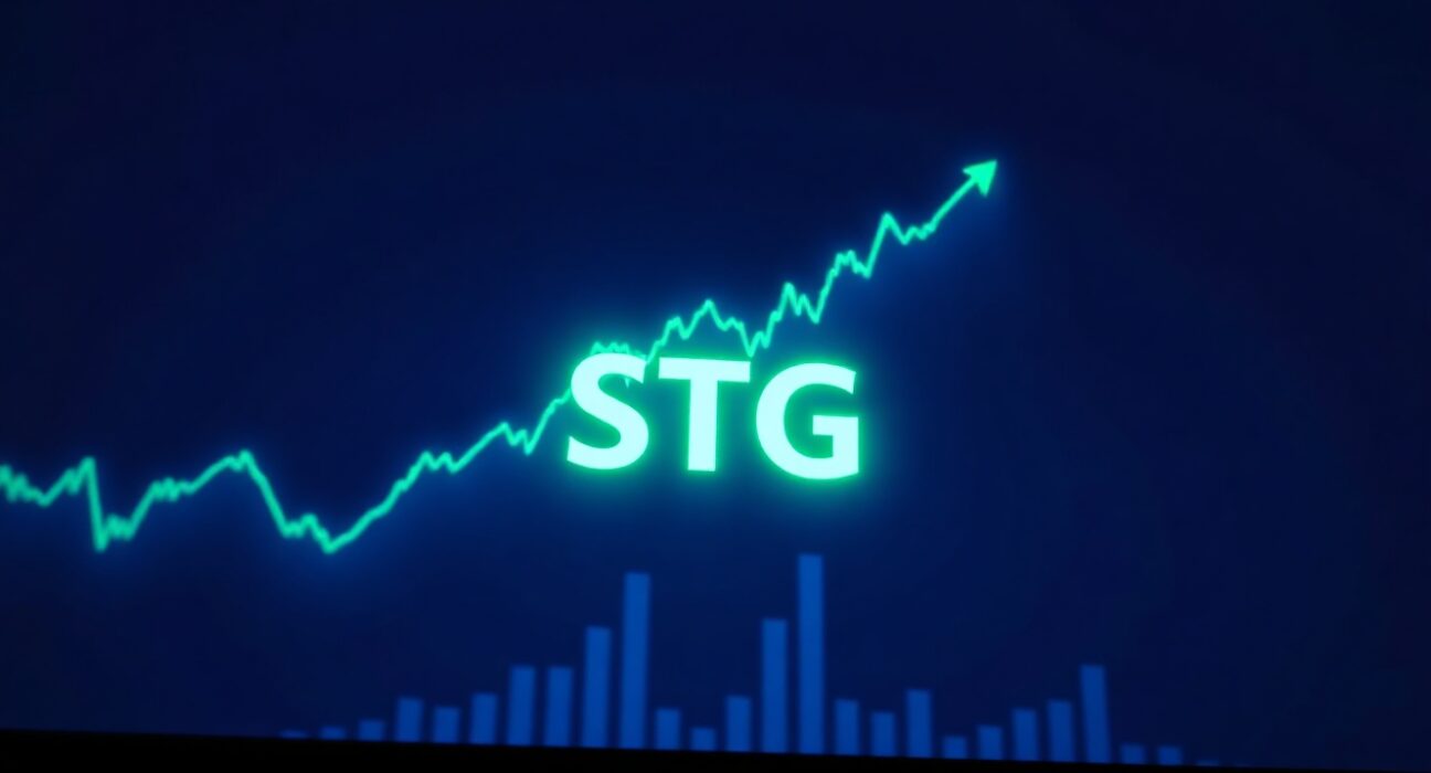 Upward trending STG price chart on a digital finance interface with blockchain network background.