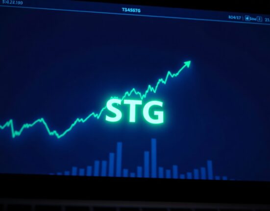 Upward trending STG price chart on a digital finance interface with blockchain network background.