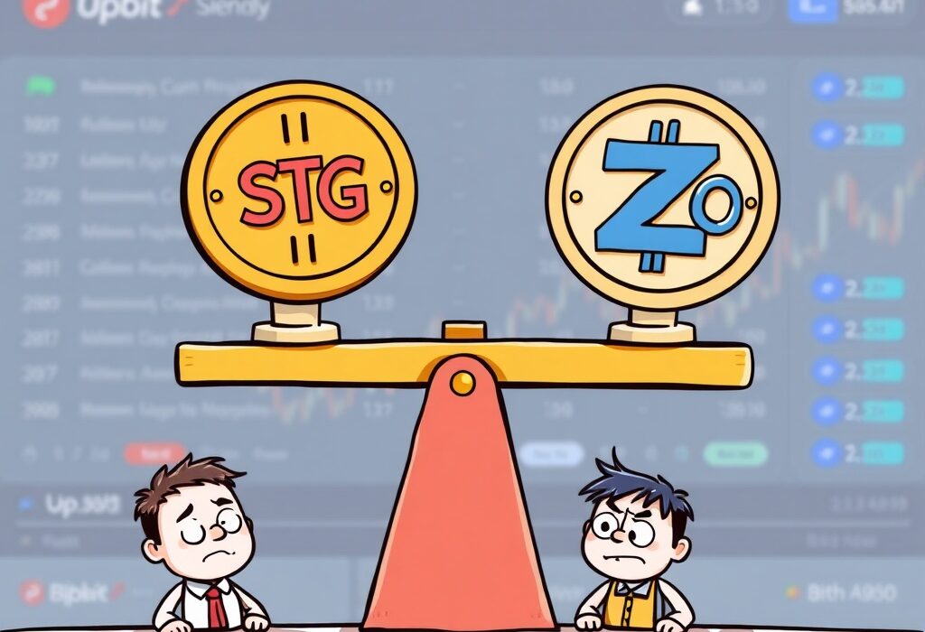 A cartoon illustration showing STG and ZRO tokens on a volatile seesaw, symbolizing the warned STG and ZRO volatility from Korean exchanges.