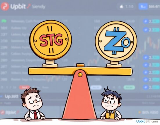 A cartoon illustration showing STG and ZRO tokens on a volatile seesaw, symbolizing the warned STG and ZRO volatility from Korean exchanges.