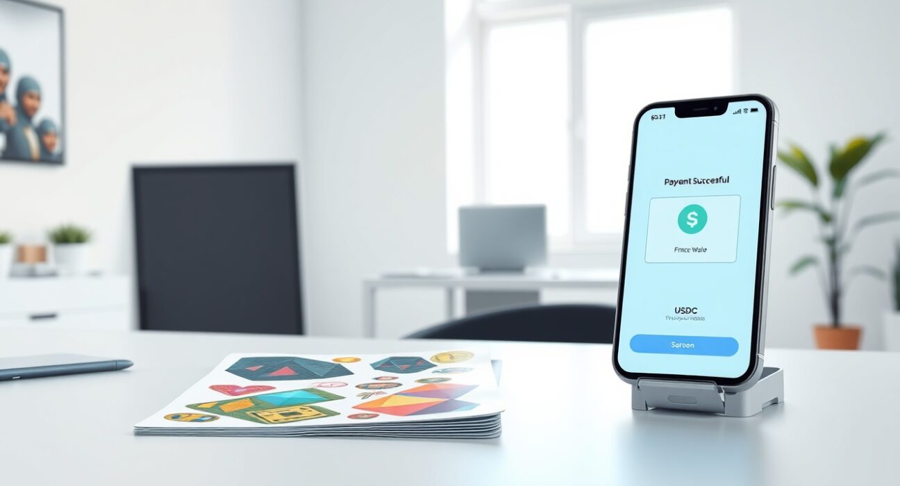 Sticker Mule's new cryptocurrency payment system for custom stickers using USDC stablecoins.