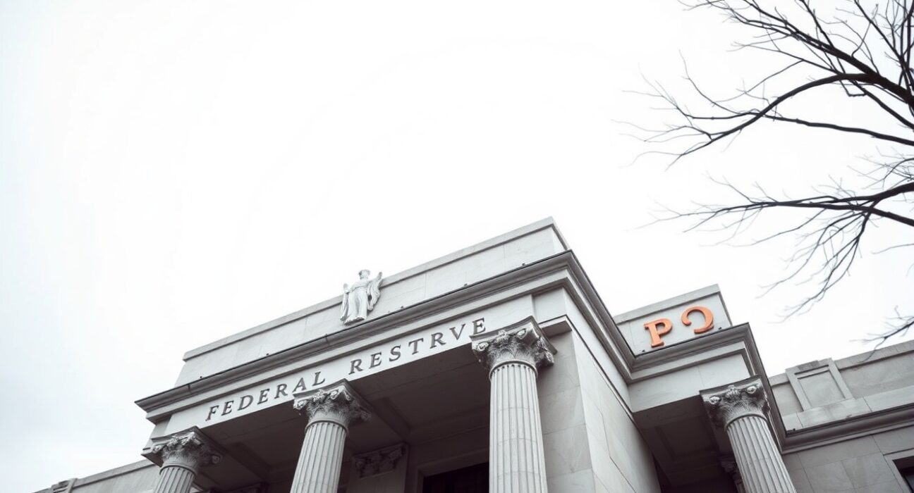 Exterior of the Federal Reserve building in Washington D.C. on an overcast day.