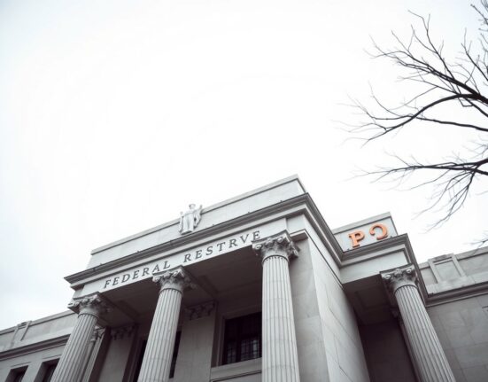 Exterior of the Federal Reserve building in Washington D.C. on an overcast day.