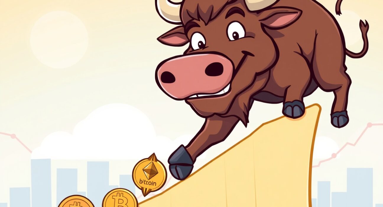 Cartoon showing positive stock market gains acting as a catalyst for crypto market sentiment, with rising crypto symbols.