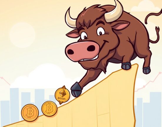 Cartoon showing positive stock market gains acting as a catalyst for crypto market sentiment, with rising crypto symbols.