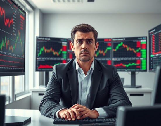 Financial analyst monitoring stock market and Bitcoin price charts for potential crash indicators