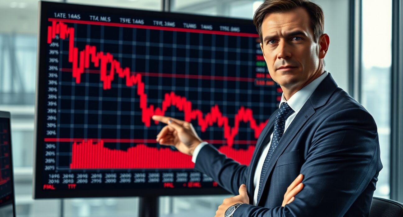 Financial analyst pointing at stock market charts showing downward trends in a modern office