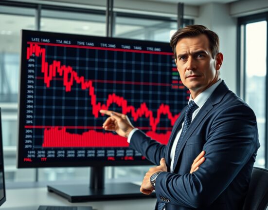 Financial analyst pointing at stock market charts showing downward trends in a modern office
