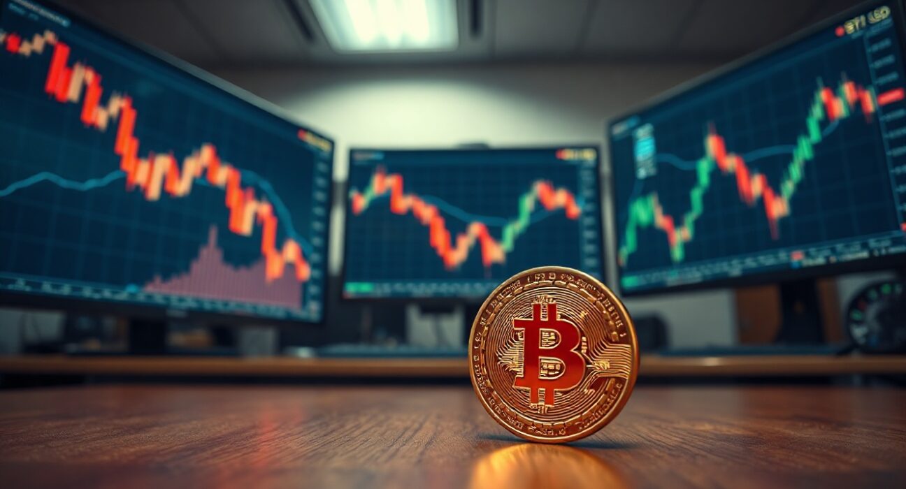 Bitcoin coin in focus with blurred stock market charts in background suggesting market volatility.