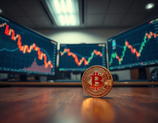 Bitcoin coin in focus with blurred stock market charts in background suggesting market volatility.