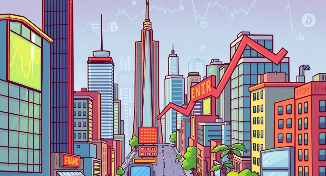 A vibrant cartoon depicting strong stock market performance, with charts rising, symbolizing positive investor sentiment and its potential impact on crypto markets.