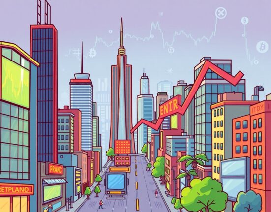 A vibrant cartoon depicting strong stock market performance, with charts rising, symbolizing positive investor sentiment and its potential impact on crypto markets.