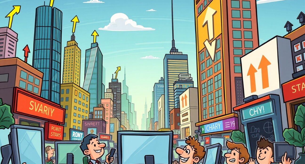 A cartoon illustration showing the mixed stock market performance with some indexes rising and others falling, reflecting investor sentiment.