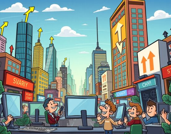 A cartoon illustration showing the mixed stock market performance with some indexes rising and others falling, reflecting investor sentiment.