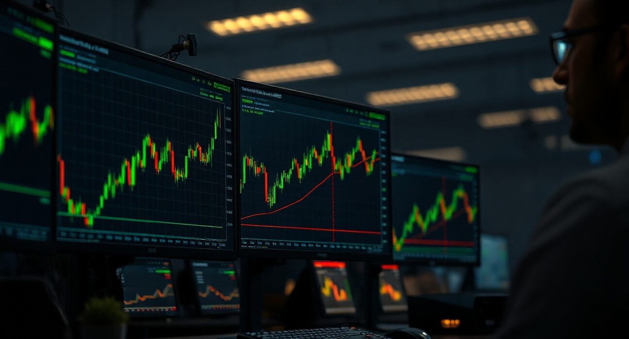 Trading monitors showing rising stock perpetual futures charts on a CEX platform