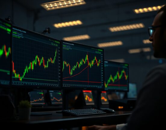 Trading monitors showing rising stock perpetual futures charts on a CEX platform