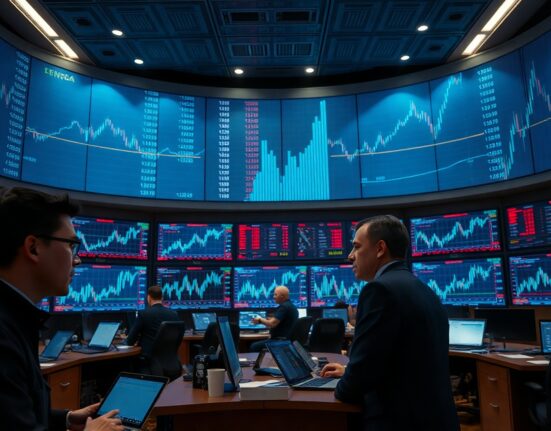 Trading floor with screens showing stock token futures data and semiconductor stock charts