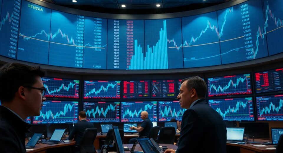 Trading floor with screens showing stock token futures data and semiconductor stock charts