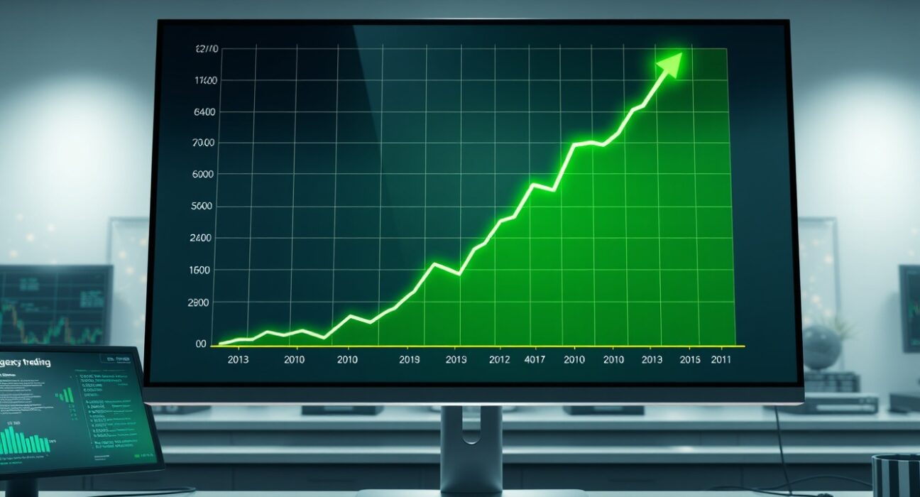 Dramatic growth of stock token market capitalization shown on a financial chart.