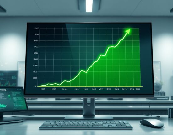 Dramatic growth of stock token market capitalization shown on a financial chart.
