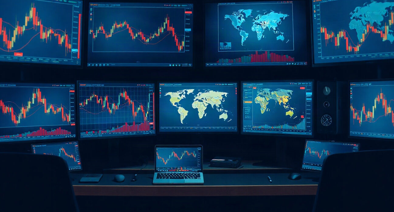 Trading screens showing charts at night, representing 24/7 stock token trading