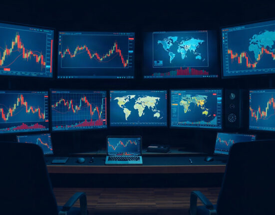 Trading screens showing charts at night, representing 24/7 stock token trading