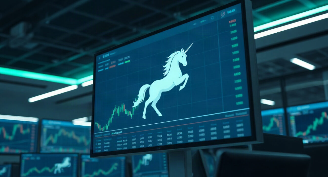 Digital trading dashboard showing rising stock-token volume charts on a professional trading floor