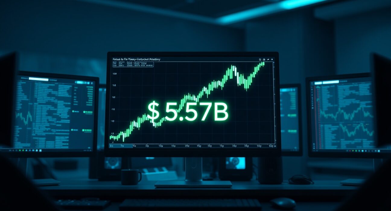 Digital trading dashboard showing a sharp spike in stock token trading volume to $3.57 billion.