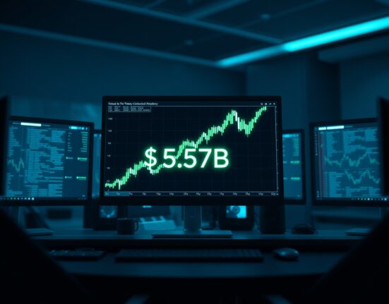 Digital trading dashboard showing a sharp spike in stock token trading volume to $3.57 billion.