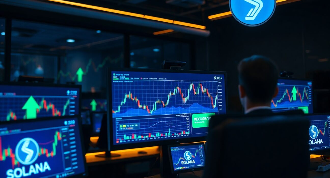 Trading monitors displaying stock token charts and Solana data at night