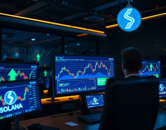 Trading monitors displaying stock token charts and Solana data at night