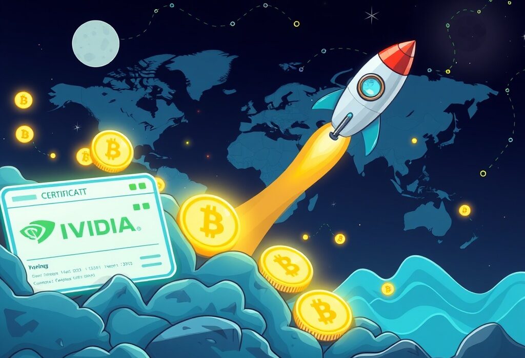 Cartoon showing digital shares transforming into crypto tokens, representing Moonshot's innovative stock tokenization service.