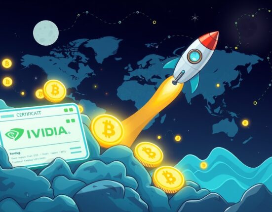 Cartoon showing digital shares transforming into crypto tokens, representing Moonshot's innovative stock tokenization service.