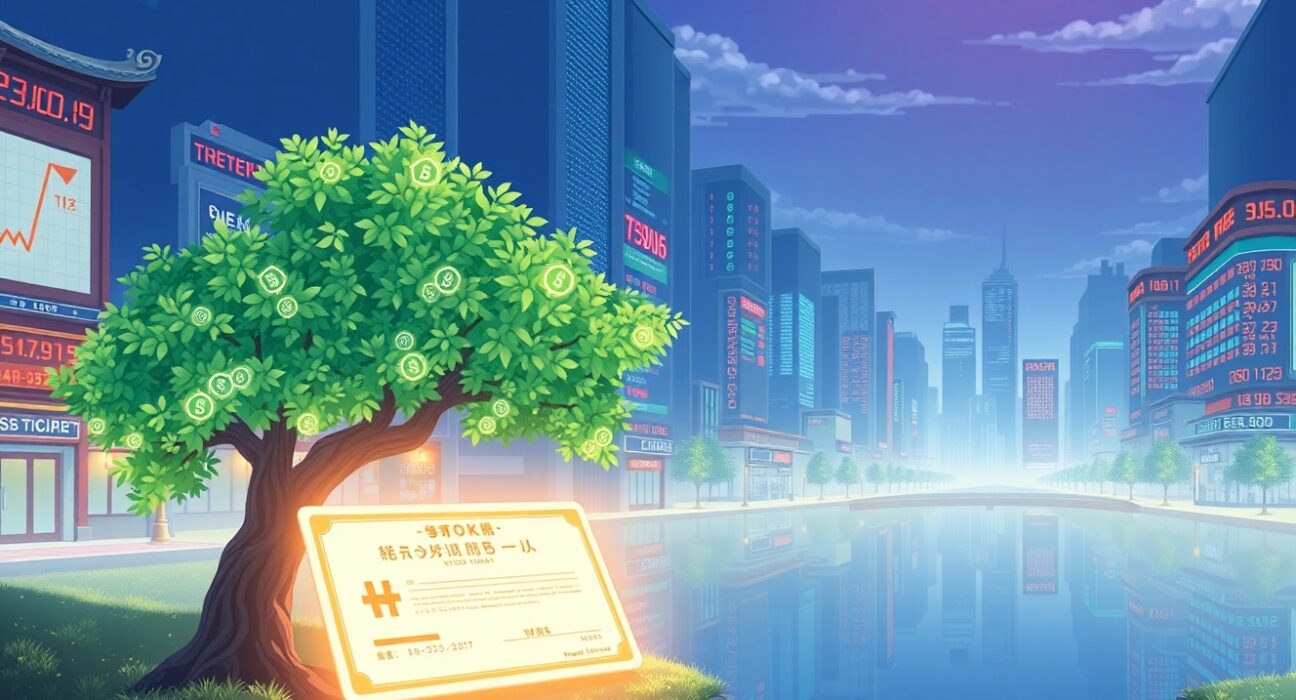 Conceptual illustration of stock tokenization as a solution for market stability, merging traditional finance with blockchain technology.