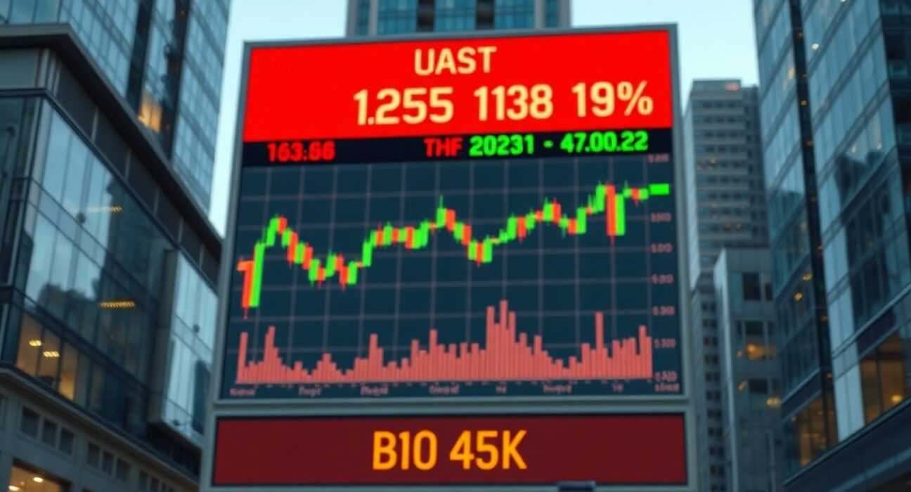 Stock market display board showing mixed trading data in a financial district