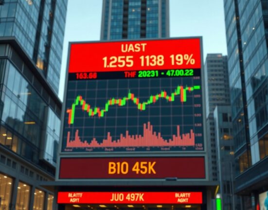 Stock market display board showing mixed trading data in a financial district
