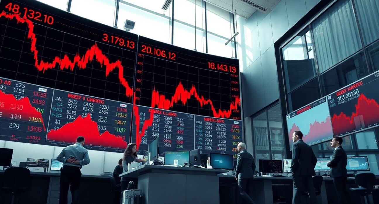 Traders monitoring stock market screens showing declining indices in a modern financial office