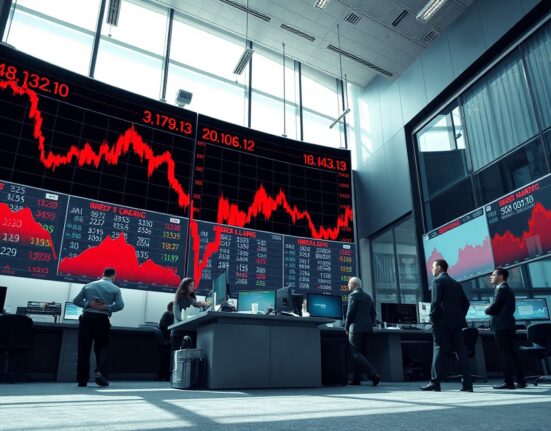 Traders monitoring stock market screens showing declining indices in a modern financial office
