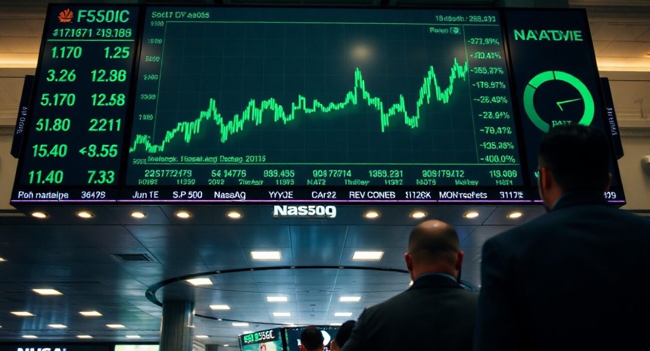 Stock market display showing green upward trends at a trading floor