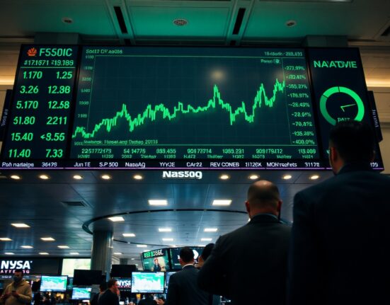 Stock market display showing green upward trends at a trading floor